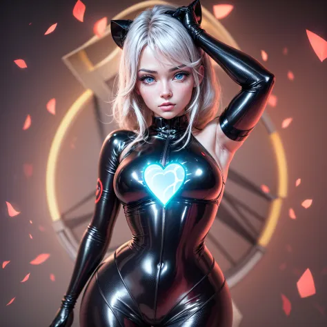 Beautiful black latex woman, olhos azuis, coberta com rosas vermelhas iluminadas, bright blue white glowing heart, visible from ...