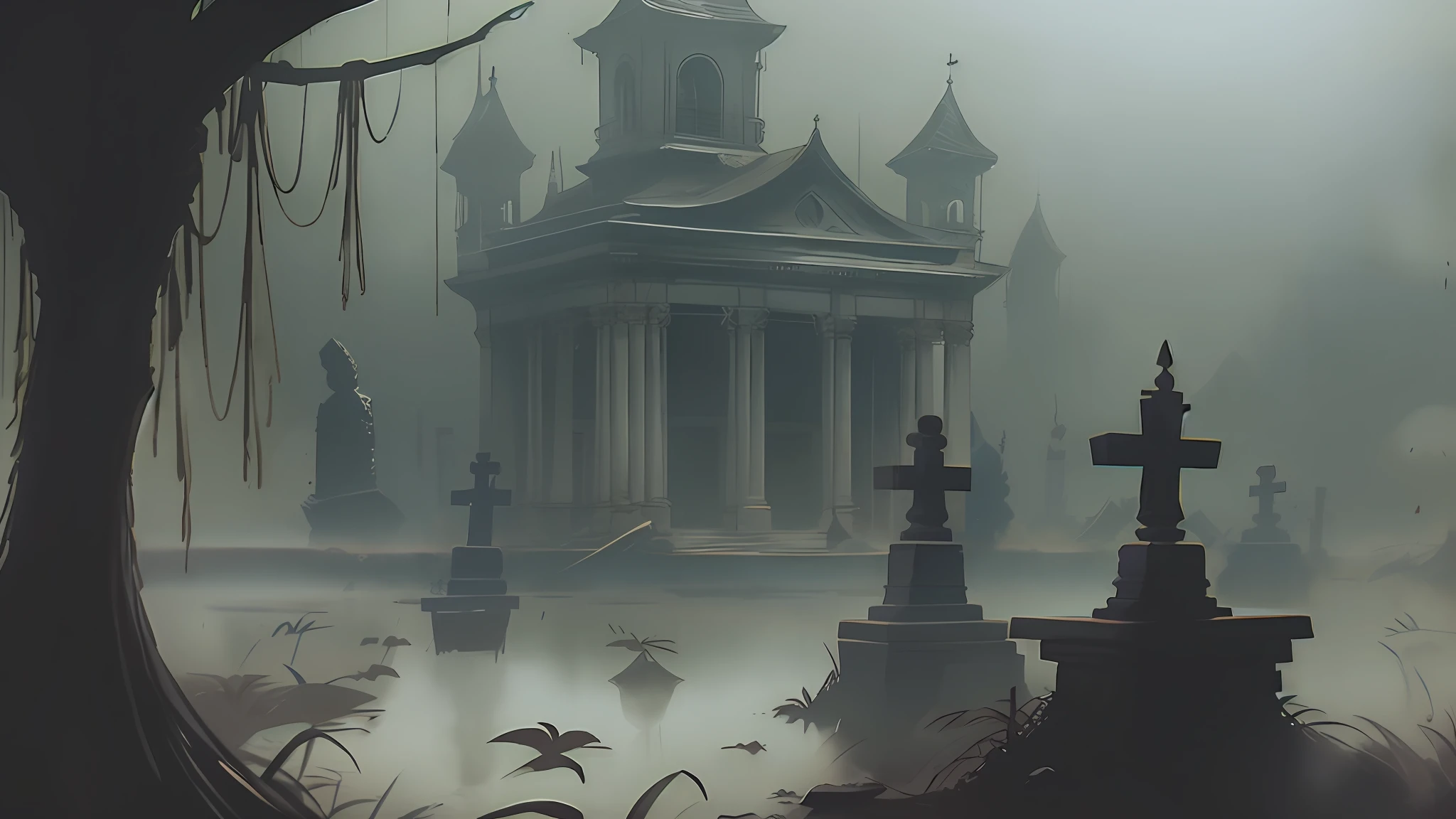 Un cementerio sombrío con niebla por Craig Mullins, consumido por el tiempo y el abandono,  la atmósfera está cargada de una sensación de tristeza y fatalidad inminente, arte conceptual, Estación de arte, tendencia en instagram, 8 mil, Ultra detallado, premiado, , rayos de luz, noche, (detalles intrincados), (hiperdetallado), 8k hdr