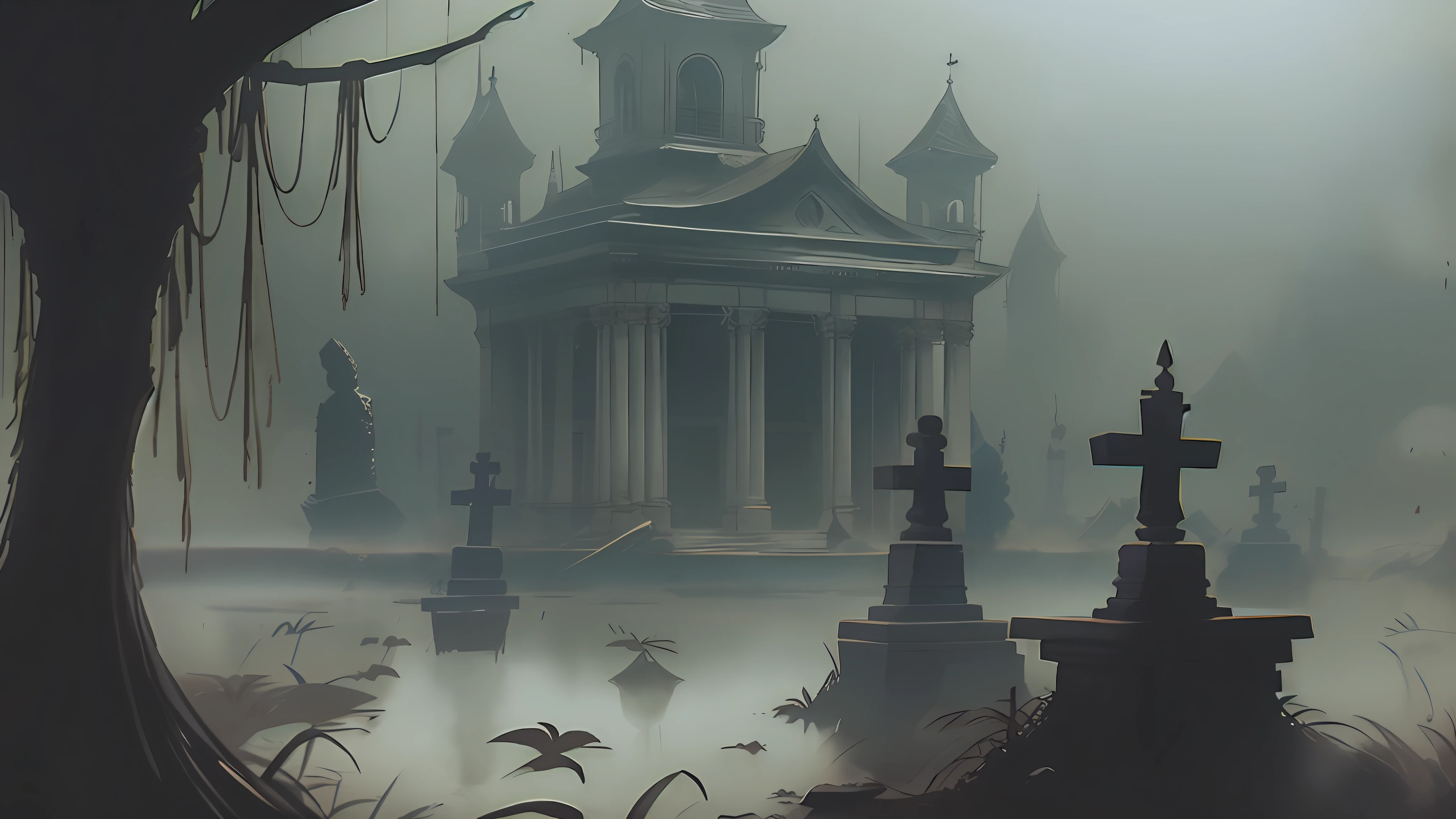 Ein düsterer Friedhof mit Nebel von Craig Mullins, von Zeit und Vernachlässigung aufgezehrt,  die Atmosphäre ist schwer von Trauer und drohendem Untergang, Konzeptkunst, artstation, Trend auf Instagram, 8 k, Extrem detailliert, preisgekrönt, , Lichtstrahlen, Nacht, (komplizierte Details), (hyperdetailliert), 8k hdr