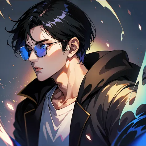 solo, male, anime character with black framed glasses and black hair, apathetic, bored expression, spirit bodies silhouettes beh...