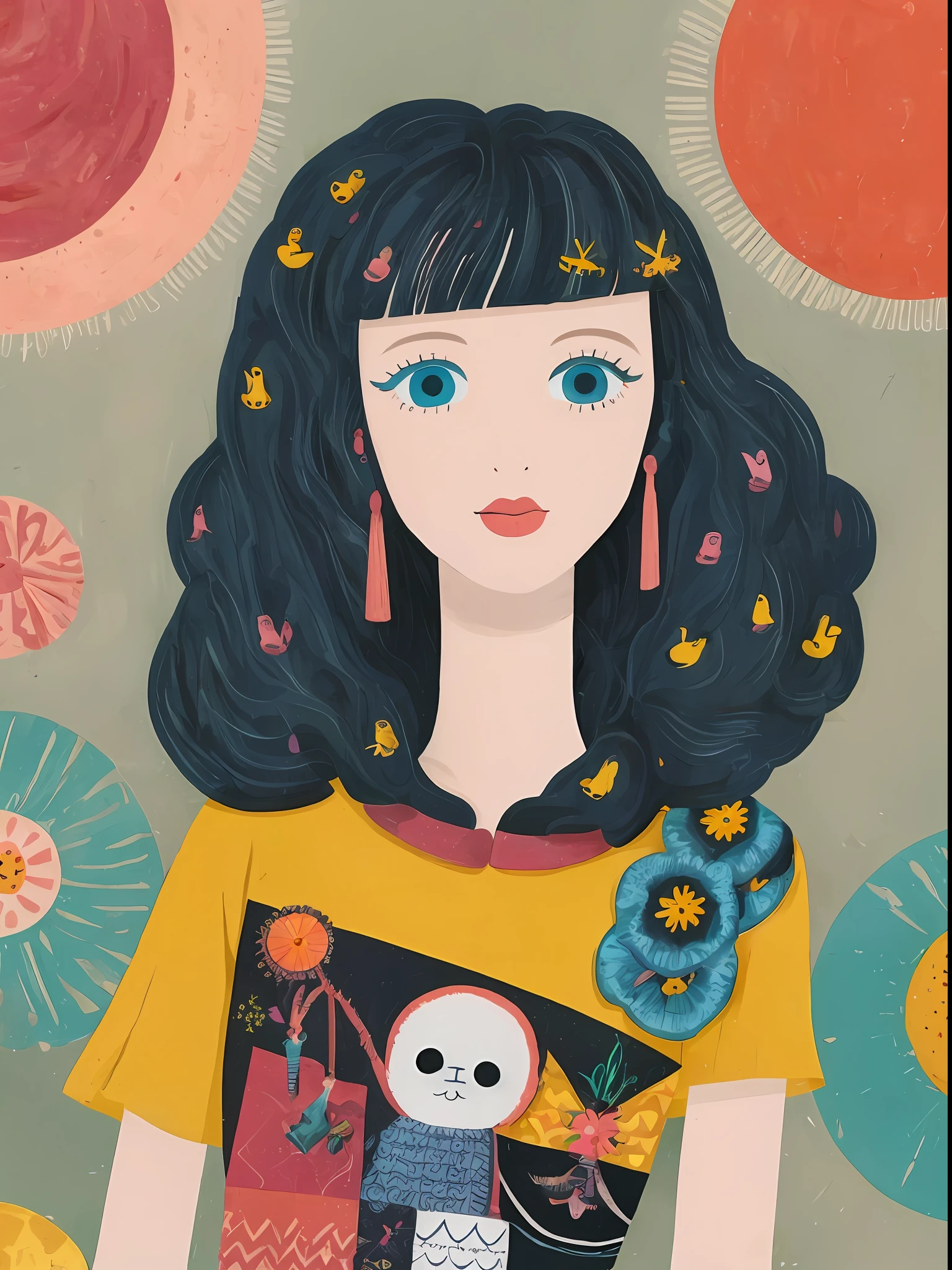 masterpiece, best quality,
paint,illustration,
style2,solo,simple background,
a cartoon illustration of a lady ina yellow shirt over art by mrs butterfly, in the style of grunge beauty, sandara tang, mixed patterns, text and emoji installations, close up, charming character illustrations, folkloric