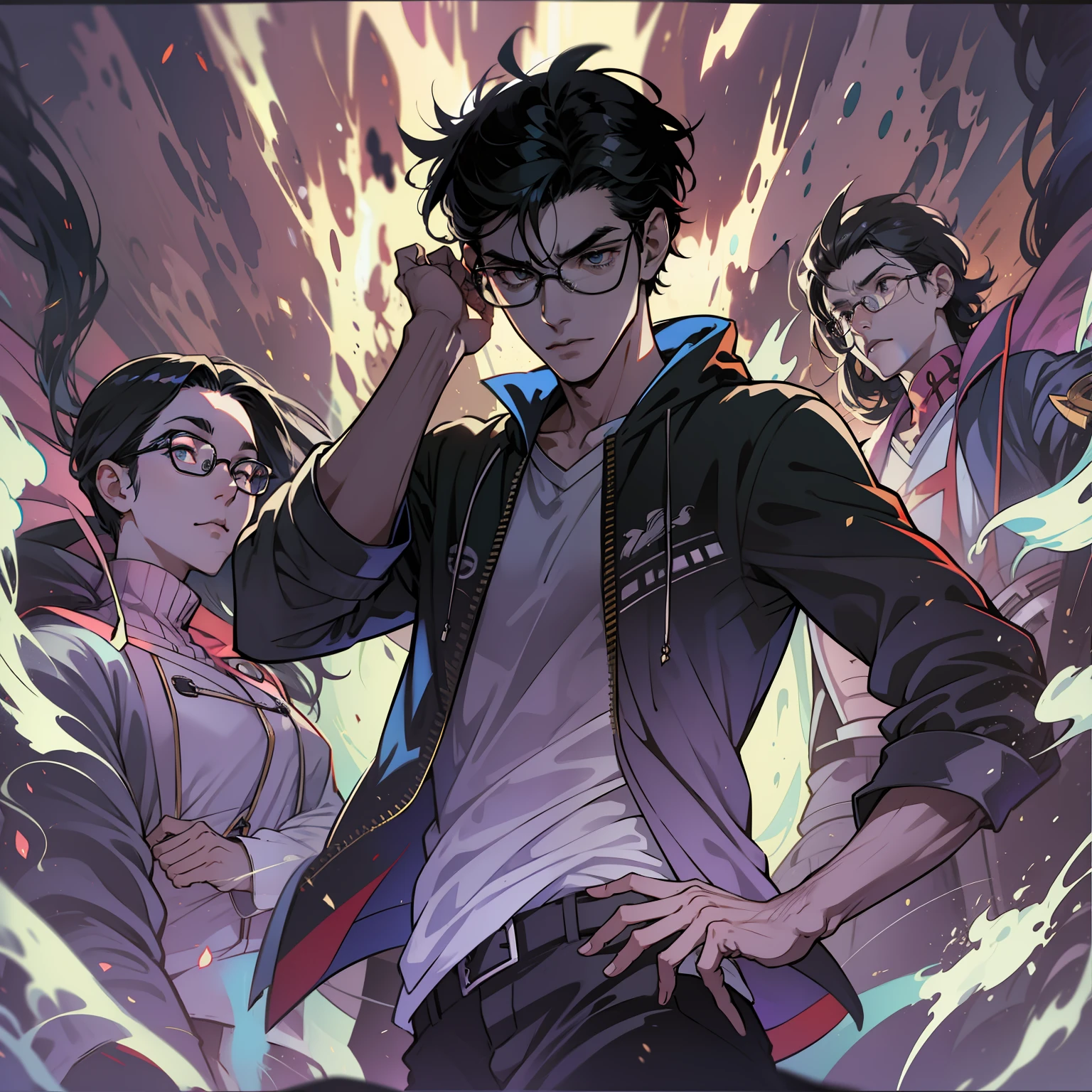 solo, male, anime character with black framed glasses and black hair, apathetic, bored expression, spirit bodies silhouettes behind character glowing, dynamic lighting