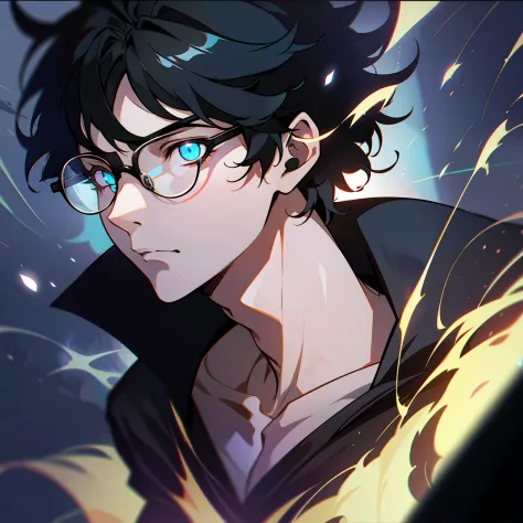 solo, male, anime character with black framed glasses and black hair, apathetic, bored expression, spirit bodies silhouettes beh...