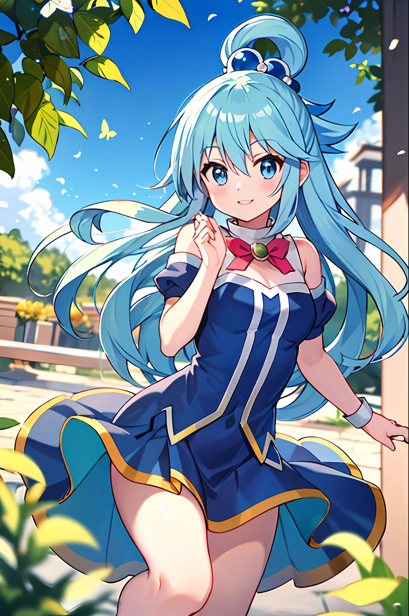 Masterpiece artwork, better_品質,1 (Aqua do anime KonoSuba), standing alone,red fox_ears, blue colored eyes:1.5|blue colored eyes:1.1,(blue hair 1.2|hair light blue), soft hazelnut eyes, flowing wavy hair, ankle socks, gazing at viewer, white stockings, ballet shoes, pastel sundress, fully body, butterfly garden, surrounded by fluttering butterflies, sunlight filtering through the leaves, serene expression, spring time, hands crossed