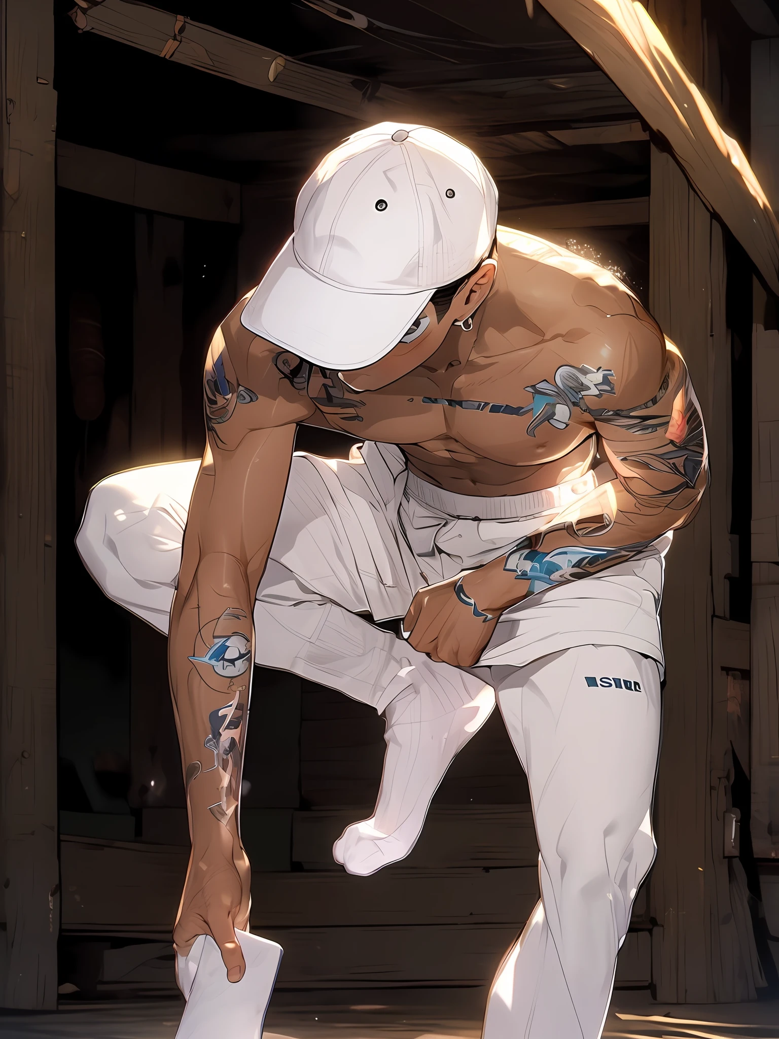 1boy，wear cap，short white pants，white short socks，sat on the ground，low head，Face down，Don't look at the lens，down view，Looking down from above，The hat covers the face，Can't see the face，Lively and cute boy，8K,Cinematic lighting effects，Textured skin，best qualtiy，Storytelling images，Ambient lighting，actionpose，tmasterpiece，A masterpice，