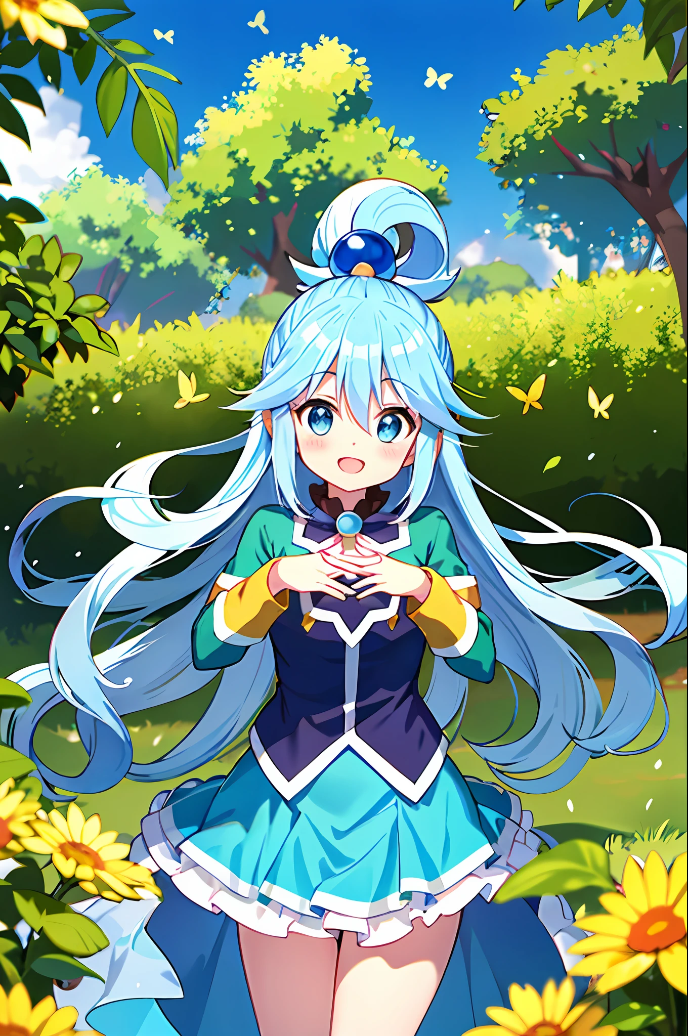 obra-prima, Melhor_qualidade,1Menina (Aqua do anime KonoSuba), sozinho,raposa_Ouvidos, olhos azuis:1.5|olhos azuis:1.1,(cabelo azul 1.2|cabelo azul claro), soft hazelnut eyes, flowing wavy hair, meias de tornozelo, olhando para o espectador, meias brancas, ballet shoes, Vestido de sol pastel, corpo inteiro, jardim de borboletas, surrounded by fluttering butterflies, sunlight filtering through the leaves, serene expression, primavera, hands crossed