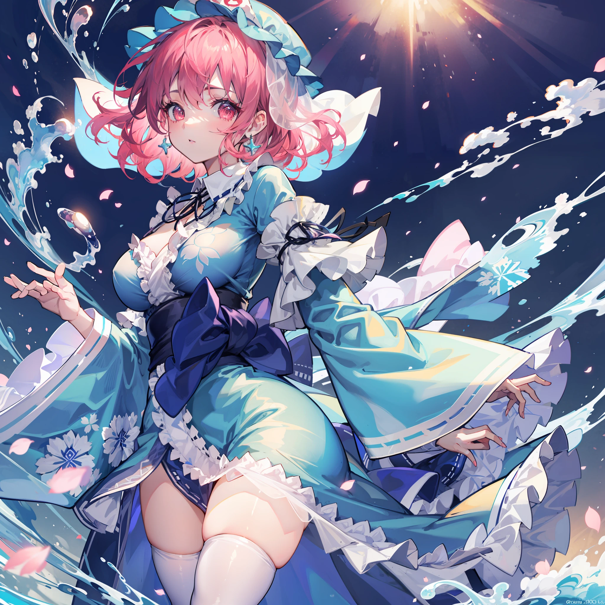 masutepiece, Fine detail, 4K, 8K, 12K, Solo, Two people, Beautiful Girl, caucasian female, Yuyuko Saigyouji, cowboys_shot, up looking_で_viewer, Thick_thighs thighs thighs thighs, SUI_Back, extra detailed body, flat chest, girl,Woman,Female, 年轻,20 years old, Short hair, Wavy Hair, Bangs, hair between eye, Pink hair, beautiful detailed Glass hair, beautiful detailed cold face, , extremely detailed eye, parted_Lips, Fingernails, cleavage, zettai_ryouiki, Red Eyes, White skin, wide_sleeves, frilld, See-through, aqua Clothes, flowingwater, Extreme sparkling light of waves, Falling petals, Detailed CG Unity 8K wallpapers, Highly detailed CG unified 8K wallpaper, Highly detailed CG 8K wallpaper,