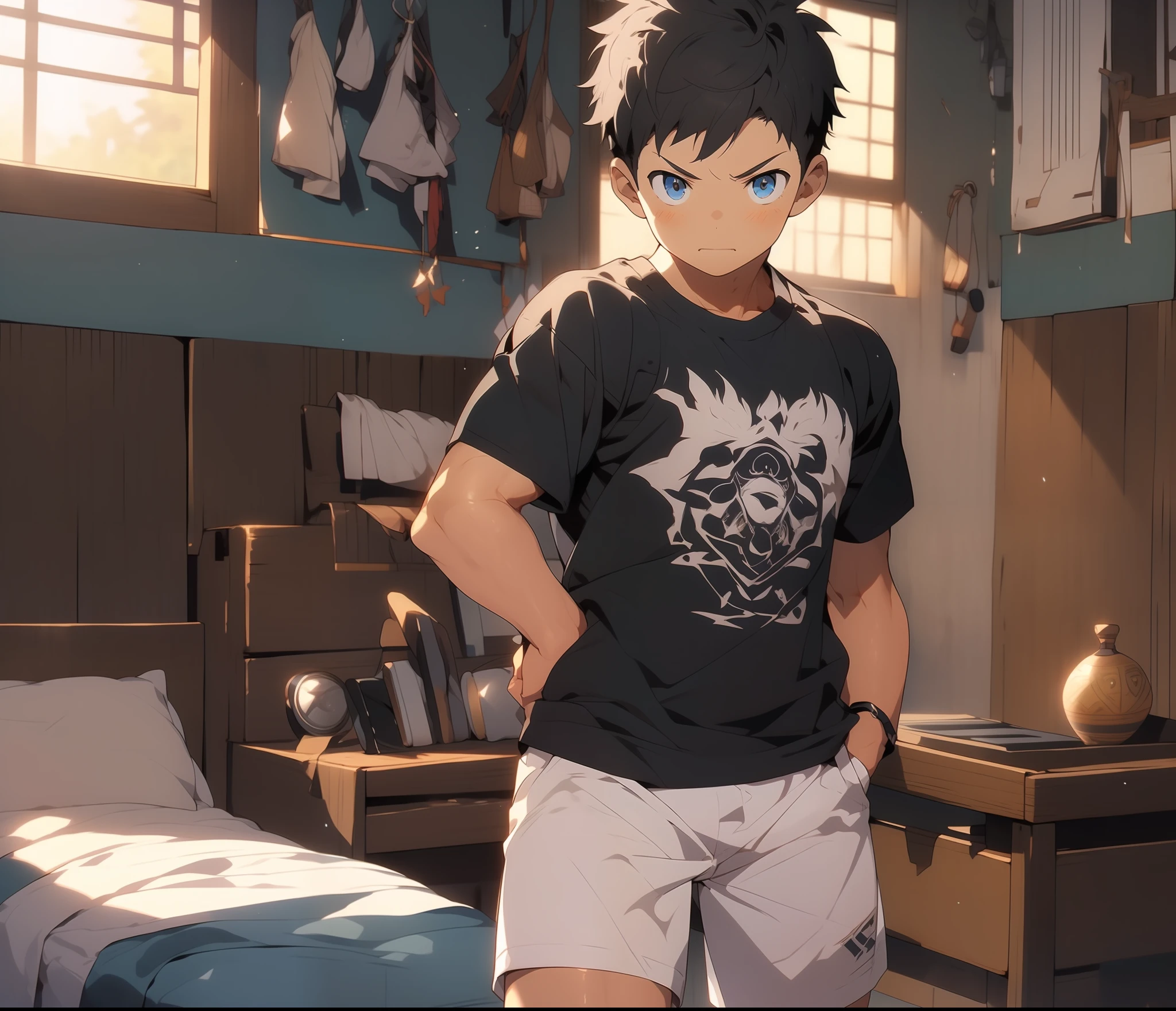 1boy，Bedrooms，white short sleeve，shorter pants，Lively and cute boy，8K,Cinematic lighting effects，Textured skin，best qualtiy，wide wide shot，Storytelling images，Ambient lighting，dynamic blur，actionpose，tmasterpiece，A masterpice，