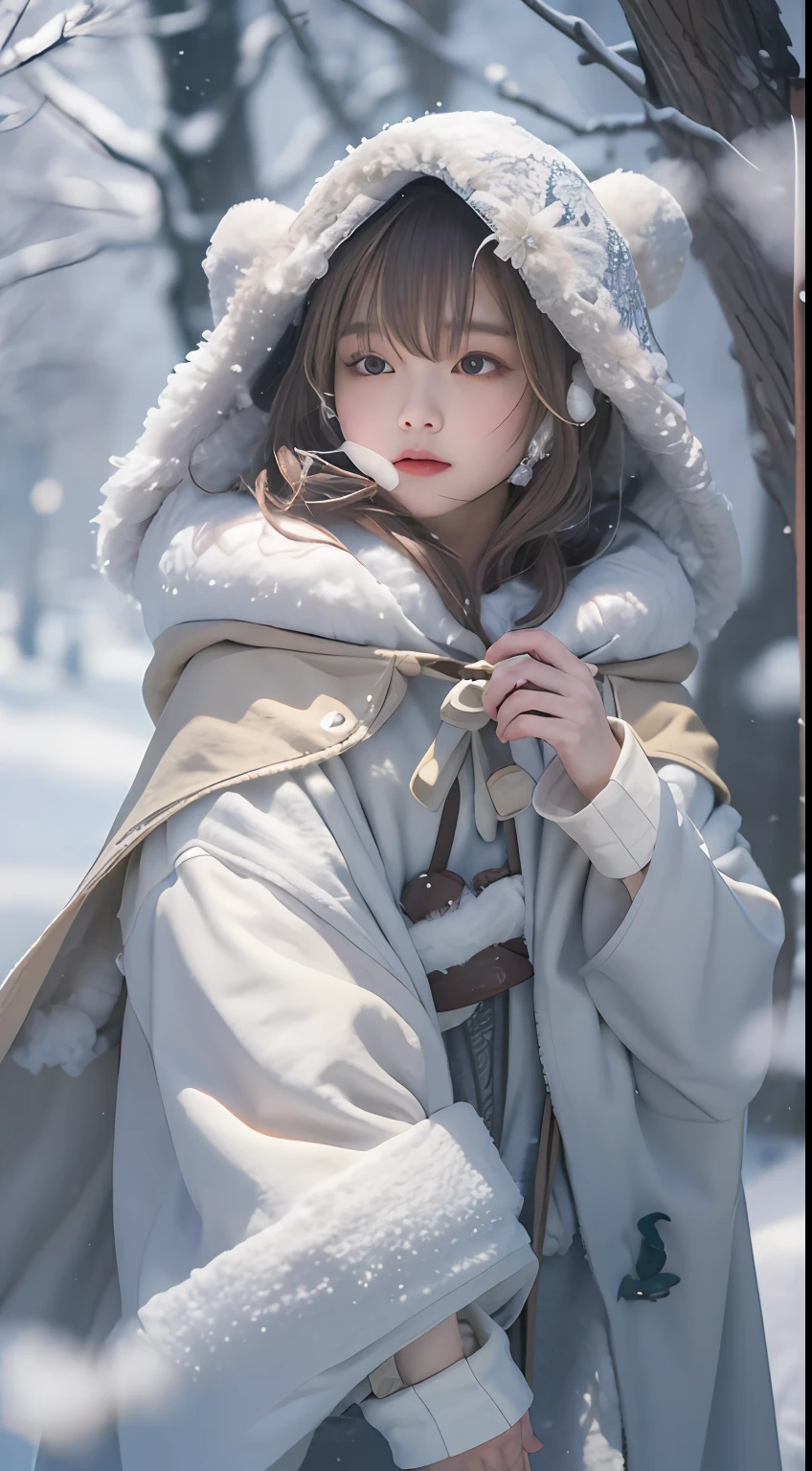 ((Works of masters))，(Ultra-high resolution)，1 girl, run, Lolita costume，cloak (Snow, Outdoor activities in winter:1.2),