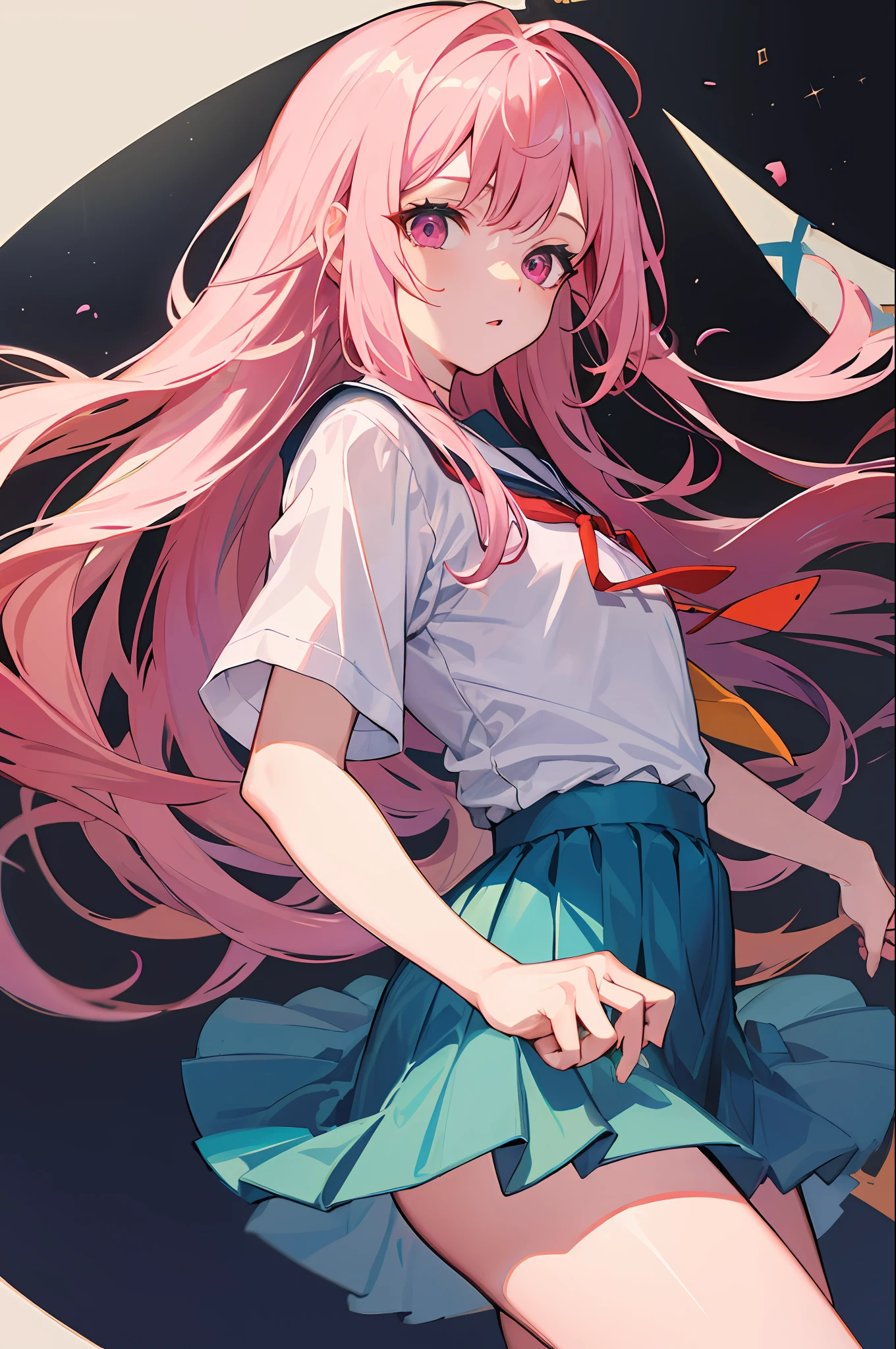 （absurderes， A high resolution， ultra - detailed）， 1 girl， solo， （Very long hair， Pink hair）， colorful， The finest details， 16 years old， small， Superskirt， Uniforms， short- sleeved， deep dark background， Santorini, Greece