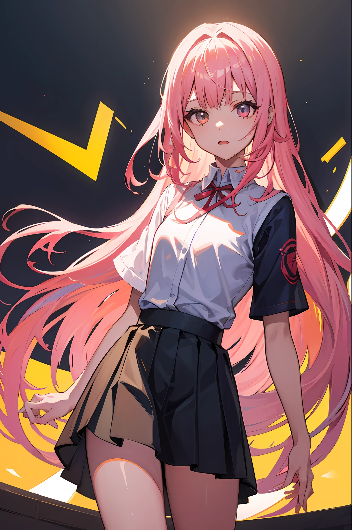 （absurderes， A high resolution， ultra - detailed）， 1 girl， solo， （Very long hair， Pink hair）， colorful， The finest details， 16 years old， small， Superskirt， Uniforms， short- sleeved， deep dark background， Santorini, Greece