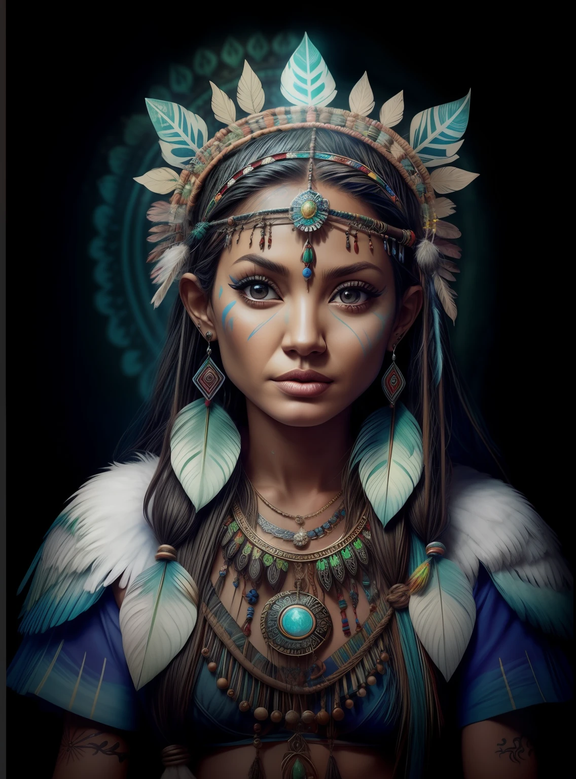 Woman in a feather headdress with feathers on her head,(((rosto pintado))), Retrato da princesa asteca, usando coroa de penas brilhantes, menina com penas, beautiful young female shaman,rosto pintado,(((fluorescente))), she is dressed in shaman clothes, cocar emplumado,tatuagem do esterno, cocar ornamentado, a young female shaman, Angelina Jolie UHD, cocar, : native american shamen fantasy, cocar centralizado,rosto pintado,fluorescente, Polaroid