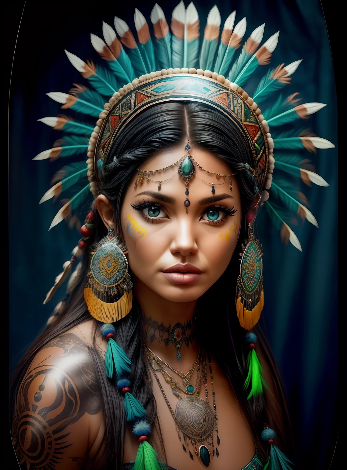 Woman in a feather headdress with feathers on her head,(((rosto pintado))), estilo anos 80, princesa asteca, usando coroa de penas brilhantes, menina com penas, beautiful young female shaman,rosto pintado,(((fluorescente))), she is dressed in shaman clothes, cocar emplumado,tatuagem do esterno, cocar ornamentado, a young female shaman, Angelina Jolie UHD, cocar, : native american shamen fantasy, cocar centralizado,rosto pintado,fluorescente, Polaroid, Nikon D750