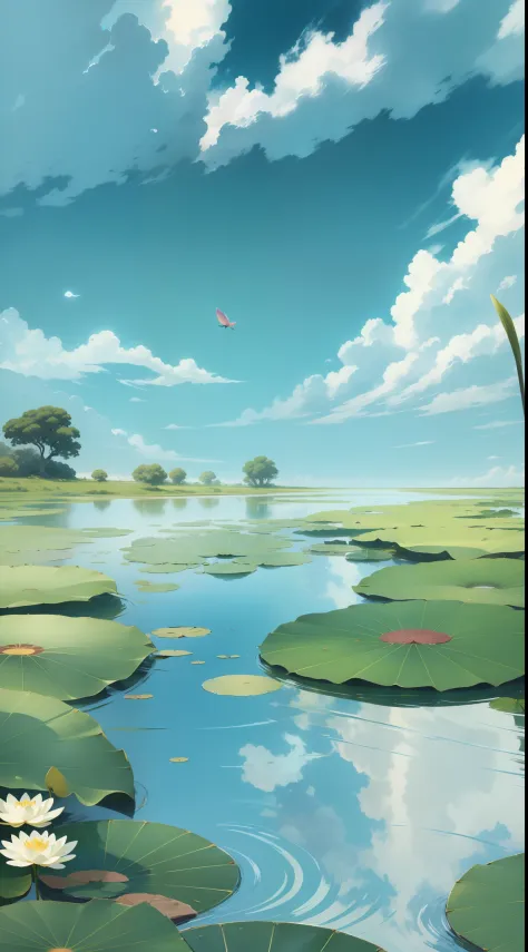 The foreground is a waterhole，There is a lotus leaf in the waterhole，Uncharted，with blue sky and white clouds，in style of ghibli，2-dimensional，illustration，Nature views，ventania，夏天，Bright tones，Tyndall Light