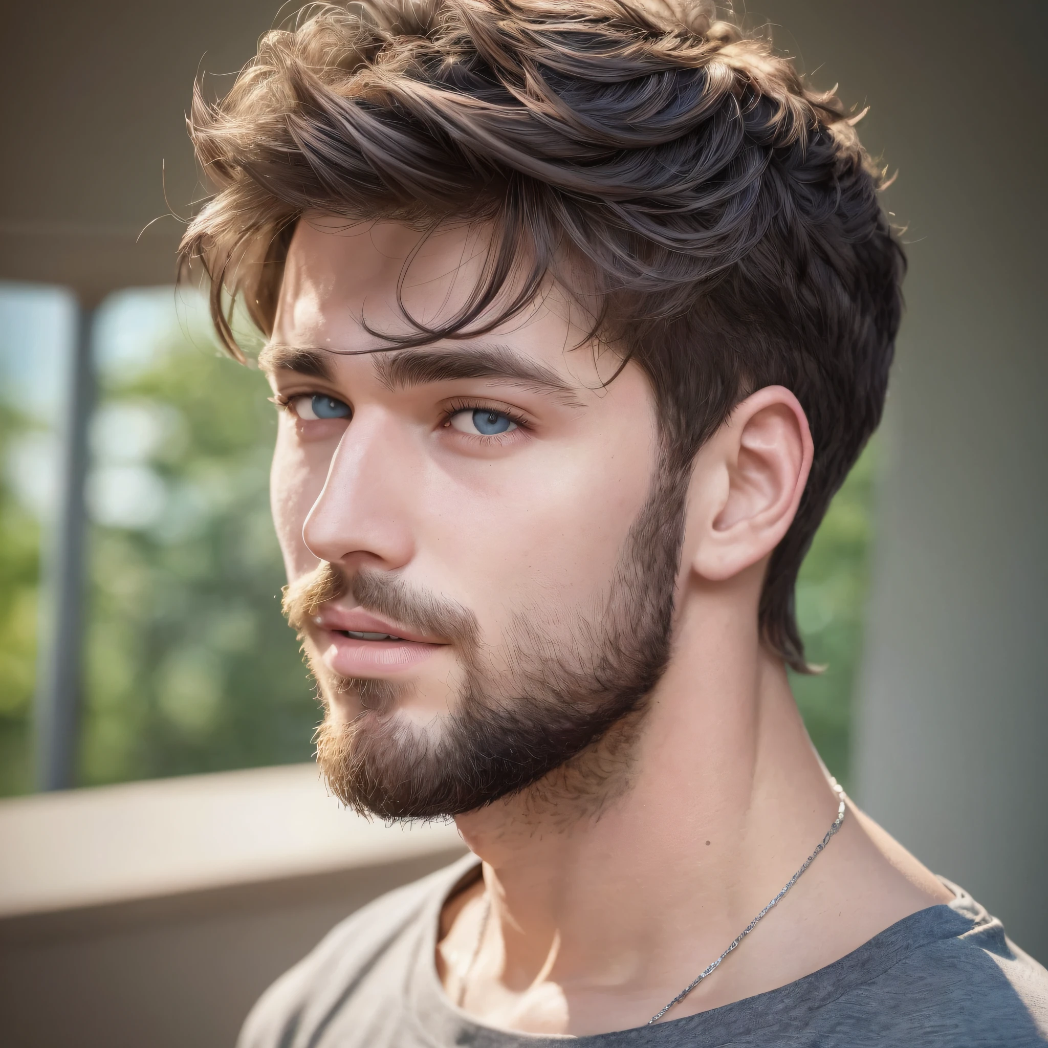 foto CRUDA, Hombre de 21 años, altura media, rostro europeo, barba, cuerpo fuerte, cabello corto, negro ondulado, ojos de hielo, piel pálida, Vistiendo una camiseta gris, sonrisa cautivadora y hermoso rostro (imagen realista y de alta calidad), ((mejor calidad, 8k, Obra maestra). --auto --s2