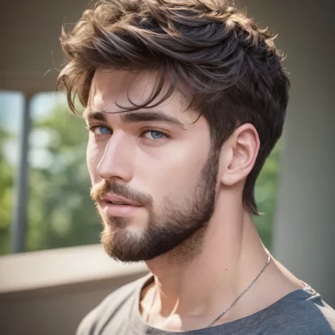 Photo RAW, 21 year old man, average height, European face, beard, strong body, short hair, wavy black, ice eyes, pale skin, wearing a gray T-shirt, captivating smile and beautiful face (high quality and realistic image), ((Best Quality, 8k, Masterpiece). -...