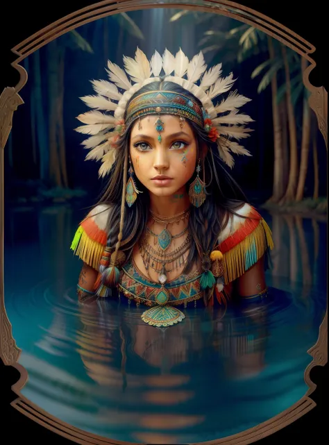 Woman in a feather headdress with feathers on her head,(((rosto pintado))), Retrato da princesa asteca, usando coroa de penas br...