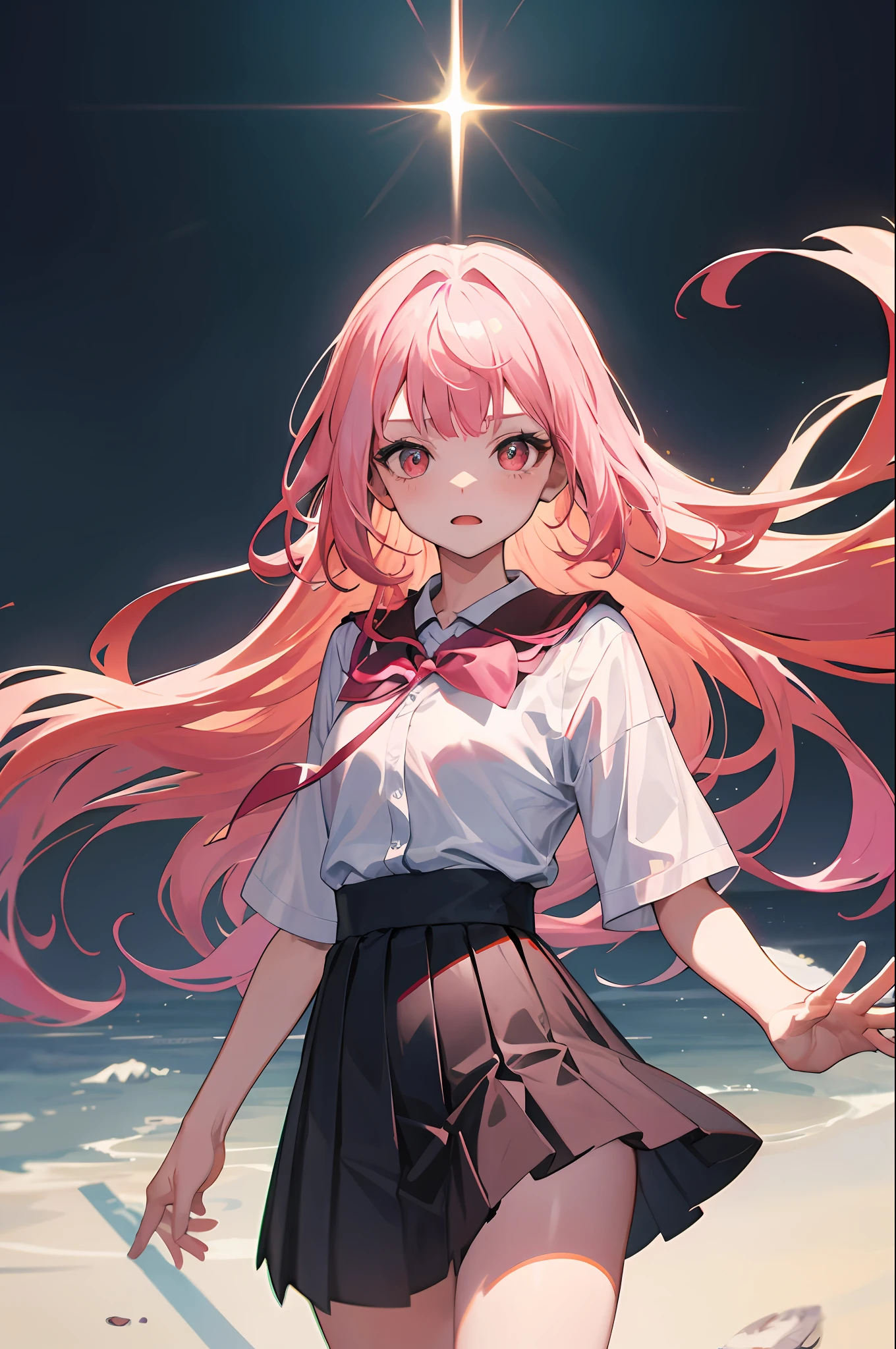 （absurderes， A high resolution， ultra - detailed）， 1 girl， solo， （Very long hair， Pink hair）， Colorful， The finest details， 16 years old， small， Superskirt， Uniforms， short- sleeved， deep dark background， Santorini, Greeks