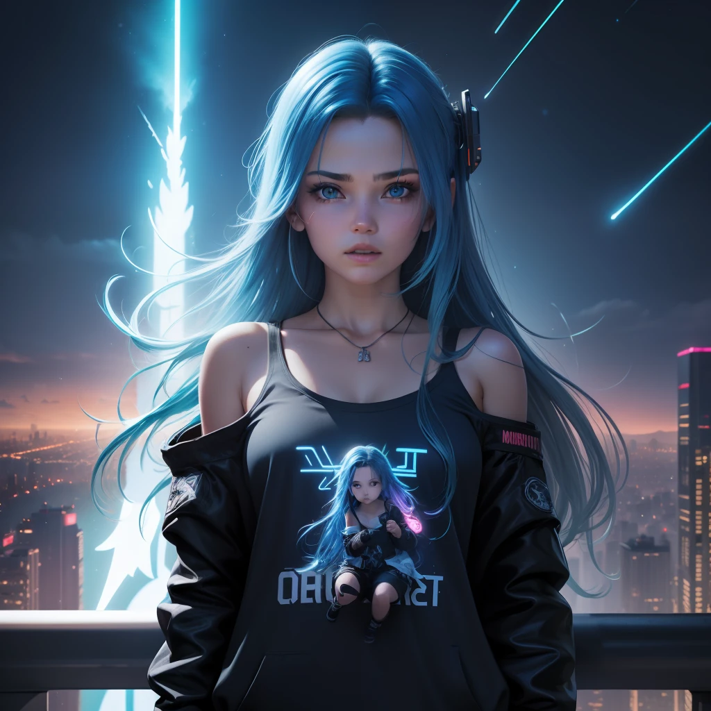 (masterpiece), best quality, ultra high res,, cyberpunk 1girl flying above stunning cityscape ,hoodie,blue hair,  neon color shooting stars, very long hair, off shoulder, feather hair ornament, neon colors, flashes, stunning night sky, cinematic lighting, photorealistic, realistic skin, HDR,fisheye