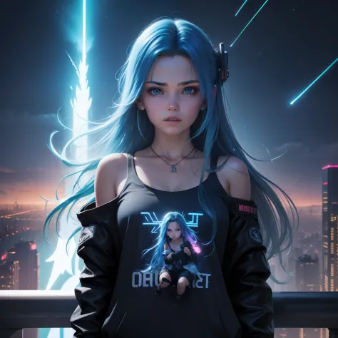 (masterpiece), best quality, ultra high res,little girl, cyberpunk 1girl flying above stunning cityscape ,hoodie,blue hair,  neo...