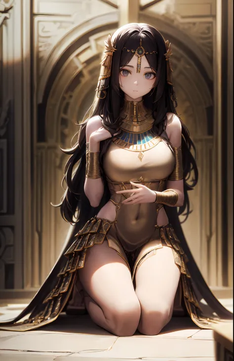 ((best qualtiy)), ((tmasterpiece)), (the detail:1.4), 3D,Complete body， Beautiful mature woman in ancient Egyptian style，（（Kneeling pose））（Exquisite and simple ancient Egyptian costumes，White dress：1.9），（black long straight hair，Wheat-colored skin：1.6），（An...