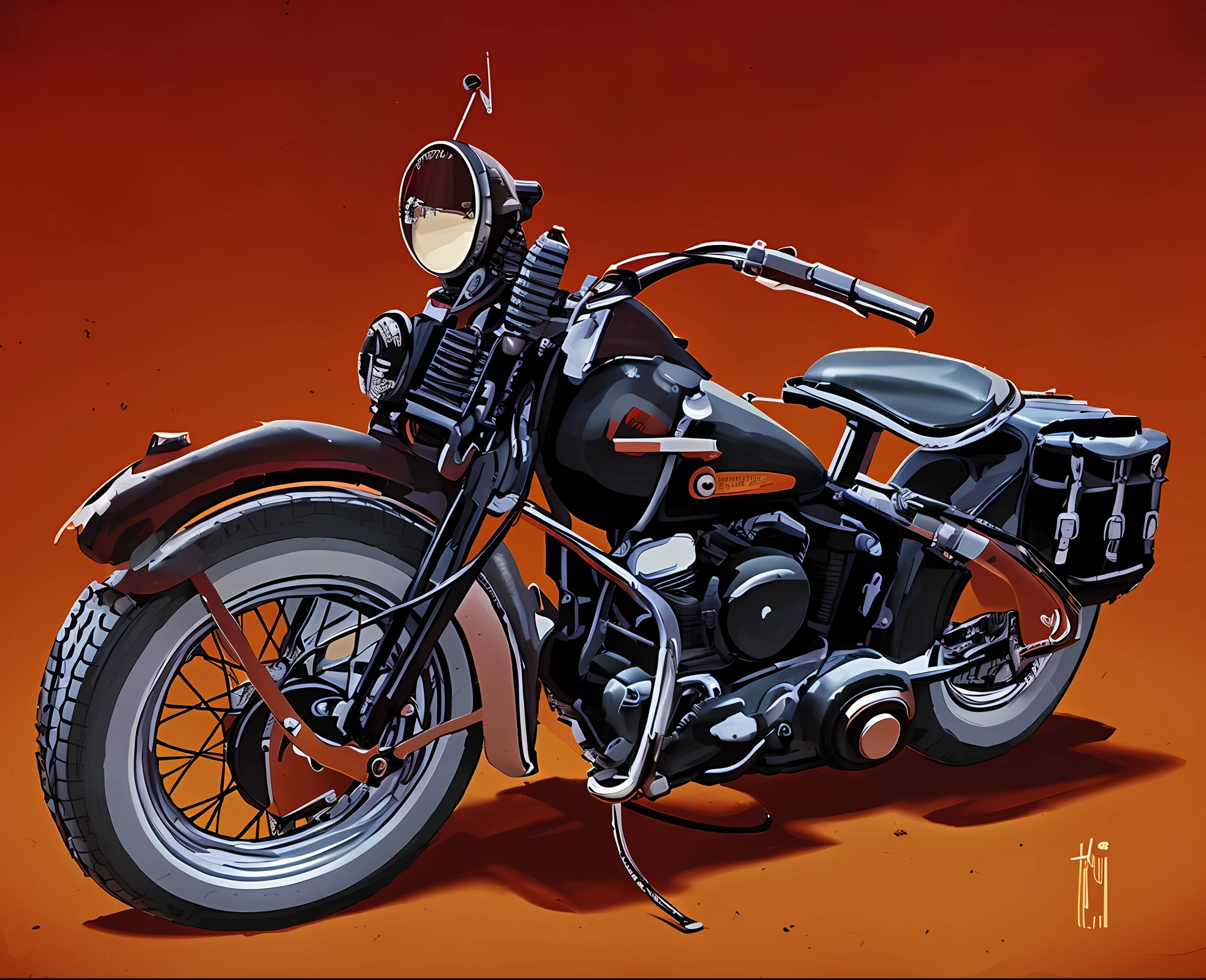 Painting of a motorcycle with a helmet on the back of it - SeaArt AI