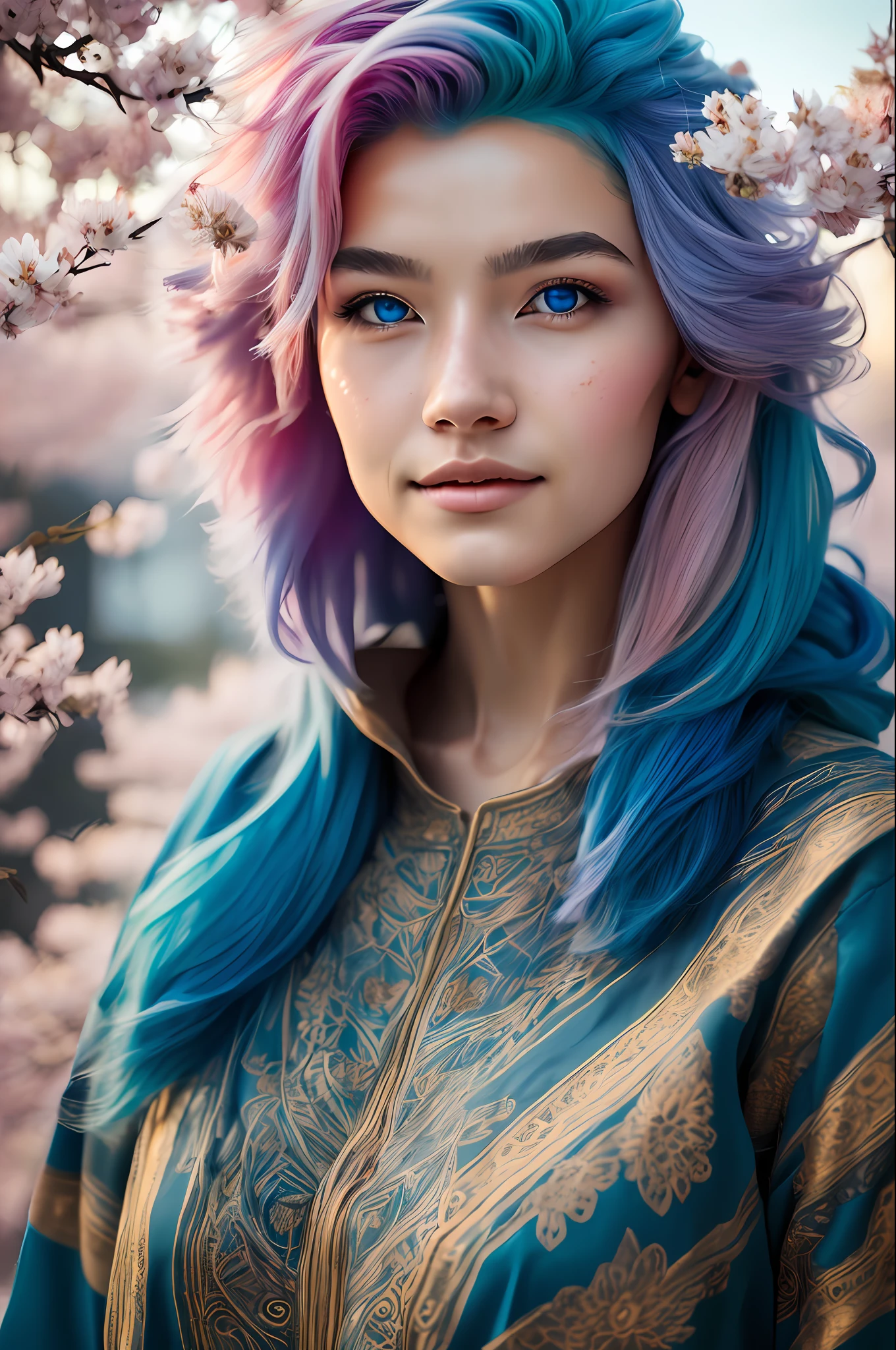 (masterpiece, best quality, ultra-detailed, highres, best illustration),1girl, two tone hair, blue hair, pink hair, blue eyes, rainbow sky, cherry blossoms,side lighting, lustrous skin,(shine),  (shiny skin, cetlic elements, norse heritage), ray tracing,  shirt, wind swept hair, detailed hair, detailed face, ,depth_of_field,very detailed background,extreme light and shadow,(detailed eyes) , perfect anatomy, (zentangle, mandala, tangle, entangle), dynamic angle, wide shot, upper body, city scape, extreme light and shadow, night sky