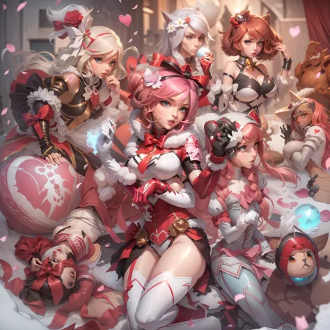 One cartoon character holding a snowball, of a ramlethal valentine, elf girl, annie from league of legends, miss fortune, samira...