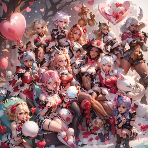 One cartoon character holding a snowball, of a ramlethal valentine, elf girl, annie from league of legends, miss fortune, samira from league of legends, amy rose red dress, from league of legends, shining pink armor, krenz cushart and artgerm, from overwat...