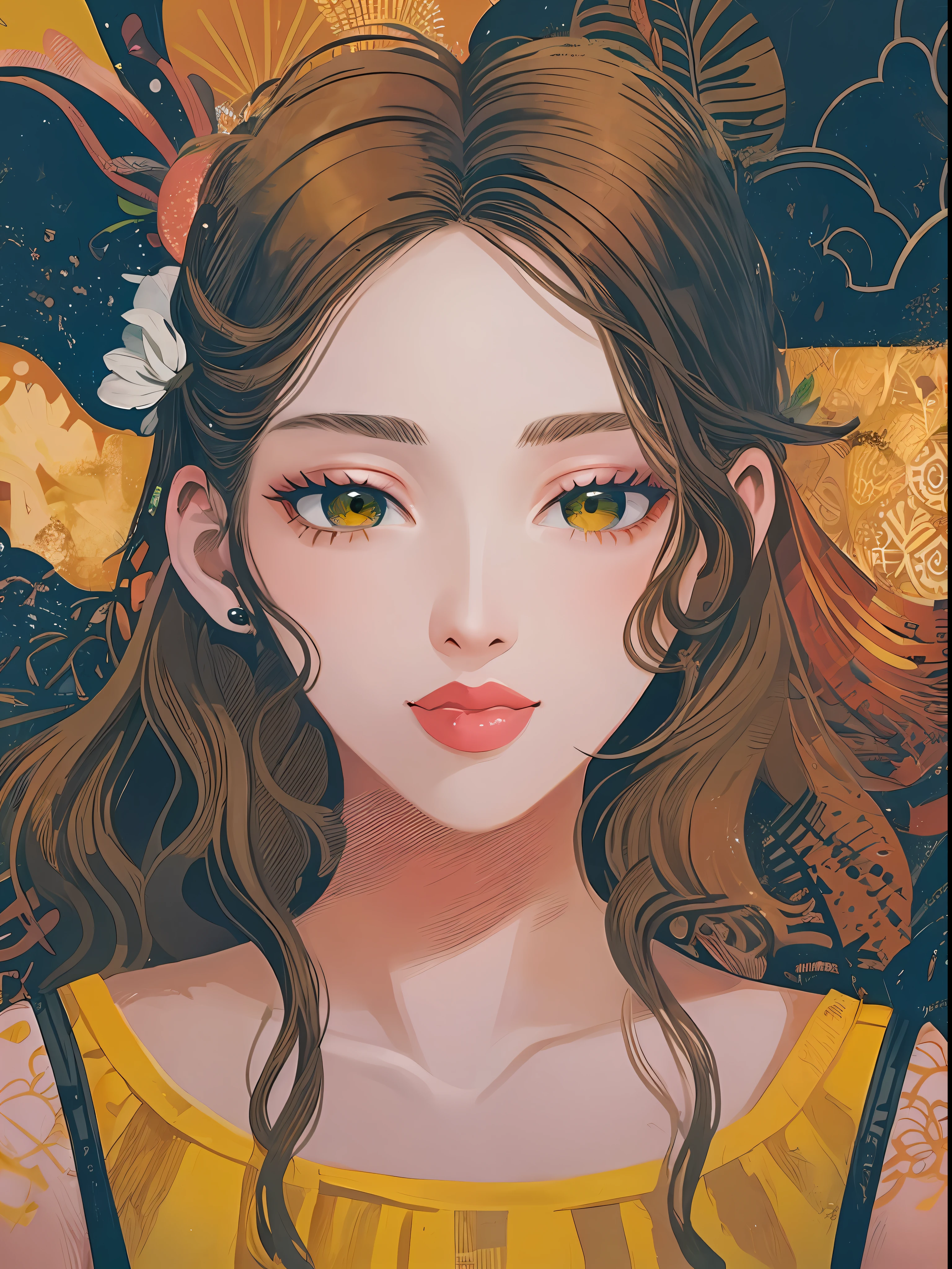 masterpiece, best quality,
paint,illustration,
style2,solo,simple background,
a cartoon illustration of a lady ina yellow shirt over art by mrs butterfly, in the style of grunge beauty, sandara tang, mixed patterns, text and emoji installations, close up, charming character illustrations, folkloric