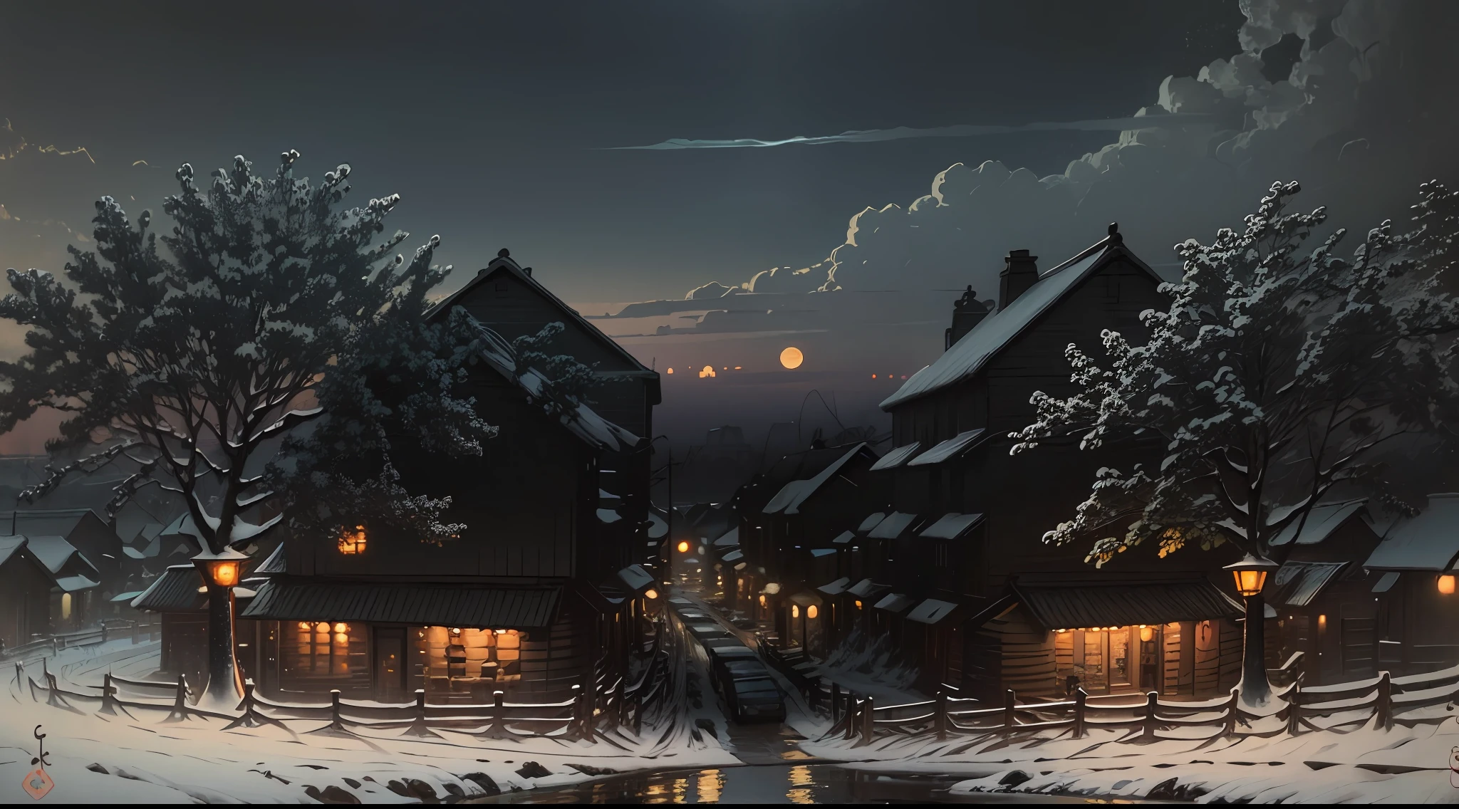 ((best quality)), ((masterpiece)), ((ultra realistic)), ((night)), award winning soft oil painting trending on artstation 
evocative, volumetric light, village at night