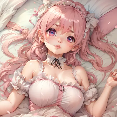 anime girl in pink dress laying on bed, loli in dress, hanayamata, splash art anime loli, ecchi, anime goddess, seductive anime ...