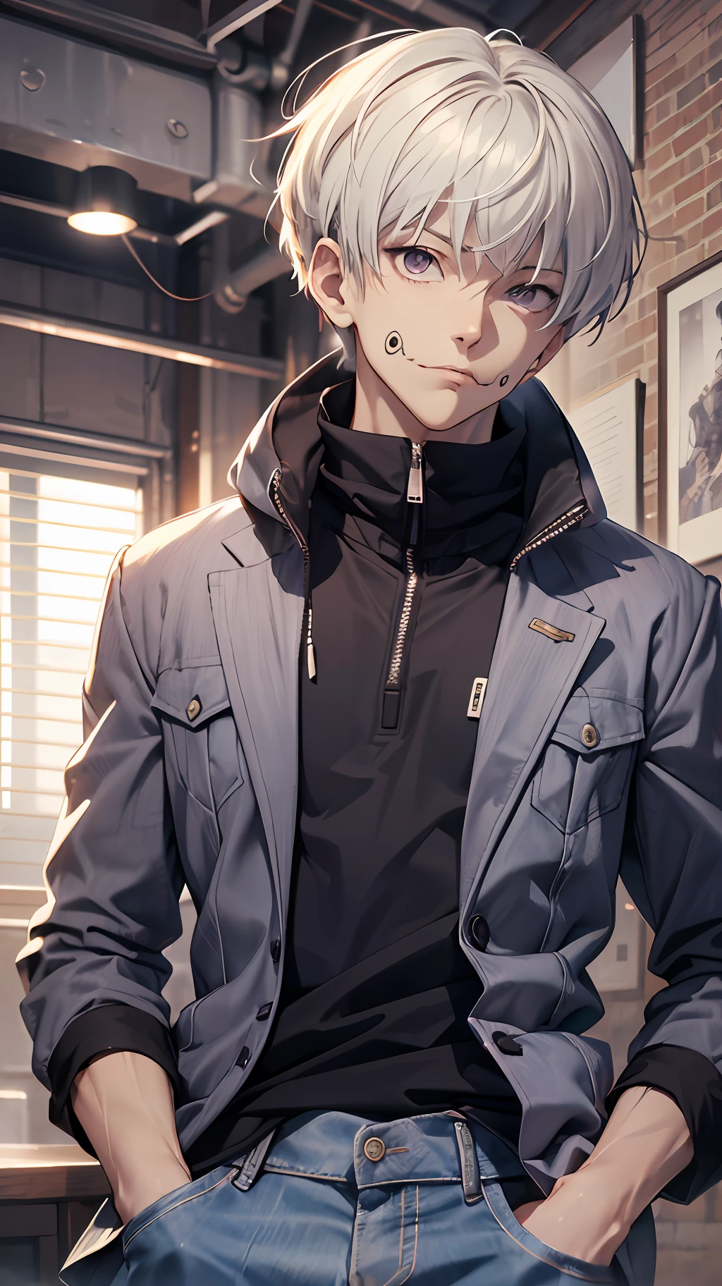 (absurdres, highres, ultra detailed, HDR), masterpiece, best quality, 1man, solo, handsome, short hair, inumaki toge, facial tattoo, white hair, black jacket, jeans, closed mouth, swirl, vortex