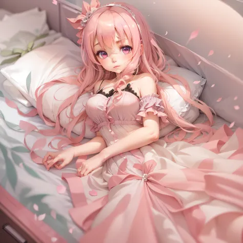 anime girl in pink dress laying on bed, loli in dress, hanayamata, splash art anime loli, ecchi, anime goddess, seductive anime ...