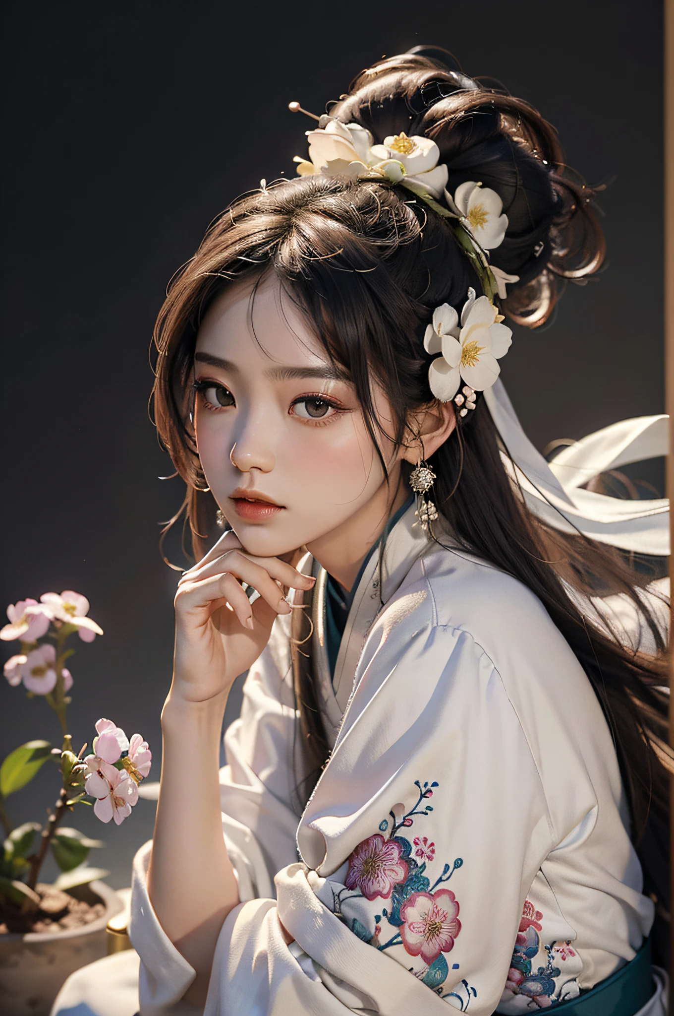 zhongfenghua, 1girl, (full body) solo, hanfu, flower field, blossom, (white smokes:1.3) (photorealistic:1.4), zentangle, mandala, entangle, official art, unity 8k wallpaper, ultra detailed, beautiful and aesthetic, masterpiece,best quality, (dynamic angle:1.4), glowing skin, (floating colorful sparkles:1) the most beautiful form of chaos, elegant, a brutalist designed, vivid colours, romanticism depth of field,