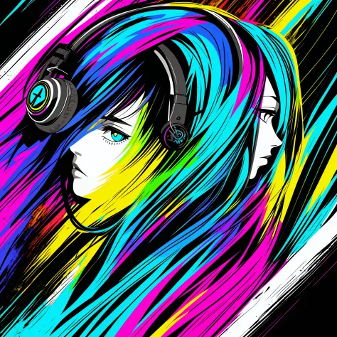 ink art, vector, girl wearing a hoodie and headphones, colorful background, highly detailed, photo from side, music album cover,...