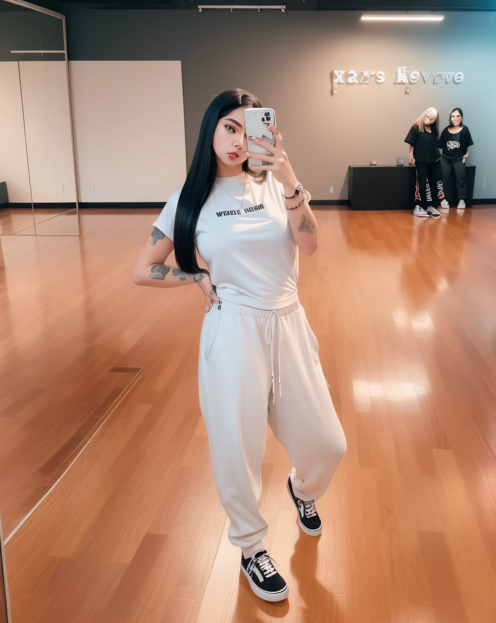 A woman taking a selfie in a mirror in a dance studio - SeaArt AI