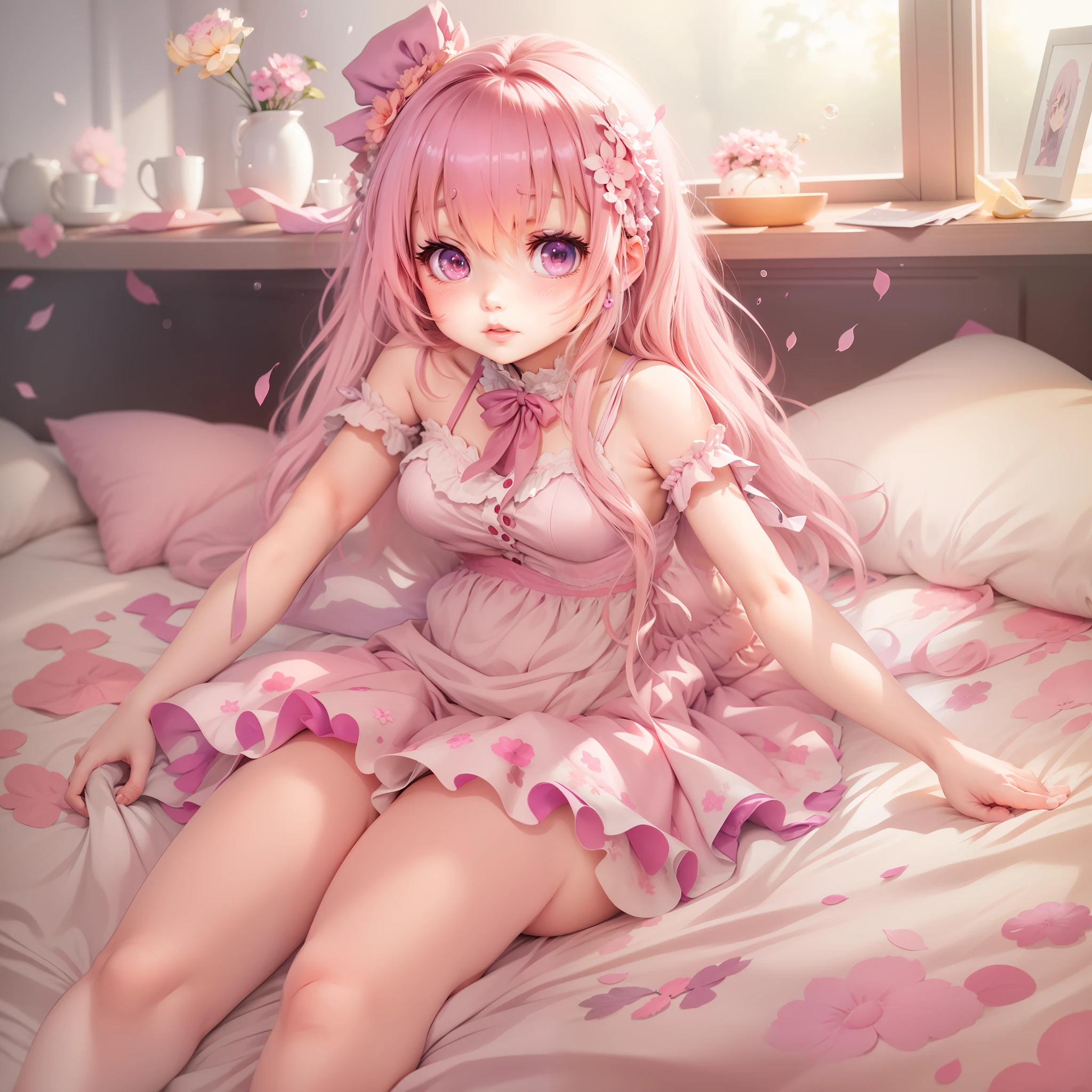 Chica anime con vestido rosa sentada en la cama con pétalos de rosa -  SeaArt AI