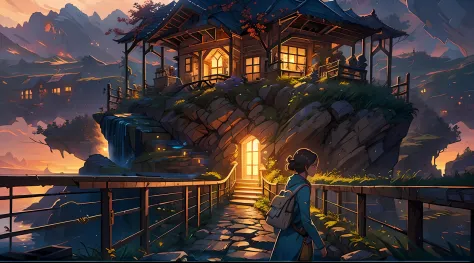 Movie, Relaxation Concept Art, Very Detailed Multiplayer Scene Interactivity, (Man), Woman, Beautiful Artwork Illustration, Detailed Landscape, Highly Detailed Scene, Environmental Design Illustration, Nature, Center Epic Building, Warmth, Night Glow, Orig...