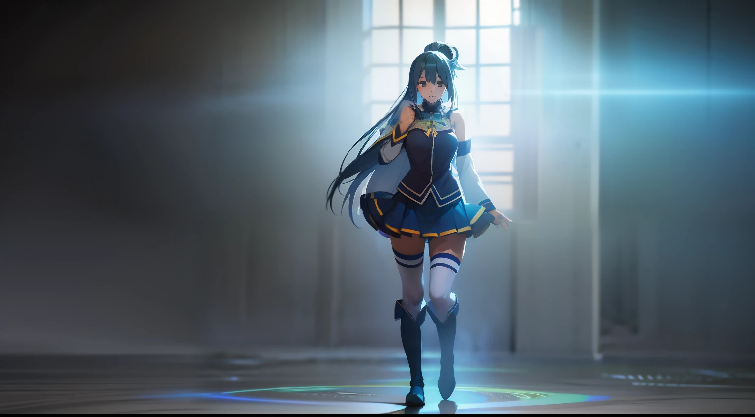 1girl, aqua_\(konosuba\), blue_footwear, blue_hair, boots, bow, detached_sleeves, full_body, hair_ornament, long_hair, looking_at_viewer, pleated_skirt, skirt, smile, solo, standing, thigh_boots, thighhighs, transparent_background, very_long_hair, white_legwear, zettai_ryouiki, Digital art, glow effects, Hand drawn, render, 8k, octane render, cinema 4d, blender, dark, atmospheric 4k ultra detailed, cinematic sensual, Sharp focus, humorous illustration, big depth of field, Masterpiece, colors, 3d octane render, 4k, concept art, trending on artstation, hyperrealistic, Vivid colors, modelshoot style, (extremely detailed CG unity 8k wallpaper), professional majestic oil painting by Ed Blinkey, Atey Ghailan, Studio Ghibli, by Jeremy Mann, Greg Manchess, Antonio Moro, trending on ArtStation, trending on CGSociety, Intricate, High Detail, Sharp focus, dramatic, photorealistic painting art by midjourney and greg rutkowski