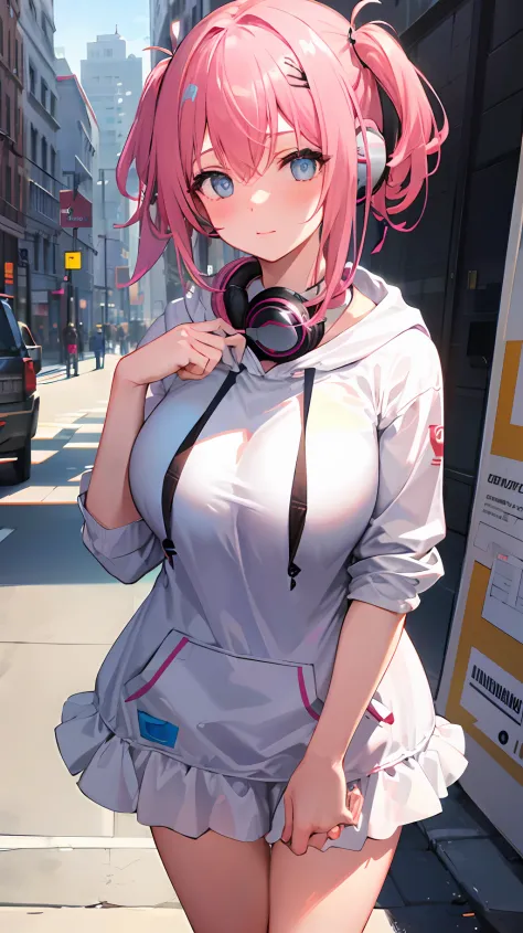 1girll,Large breasts, 
Outdoors,Cityscape, street,standing,Cowboy shot, 
(Hoodie),headphones around their necks, 
Blush,