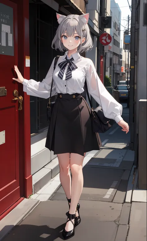 1girl in、A smile、The shirt、Blouse、skirt by the、（small tits）Chilarism、movement、（Gray hair）、Cat's ears、