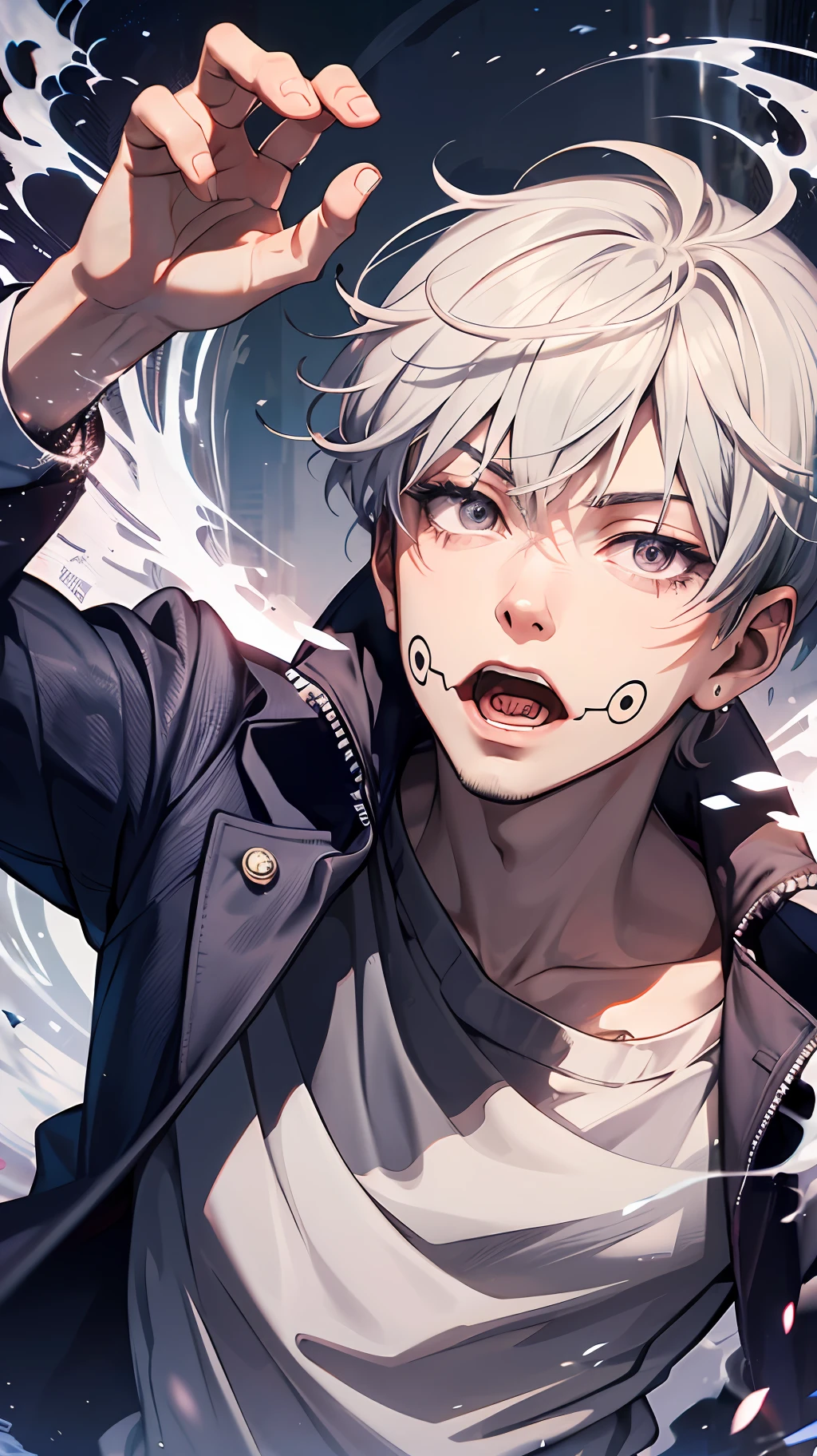 (absurdres, highres, ultra detailed, HDR), masterpiece, best quality, 1man, solo, handsome, short hair, inumaki toge, facial tattoo, white hair, black jacket, blazer, jeans, closed mouth, swirl, vortex