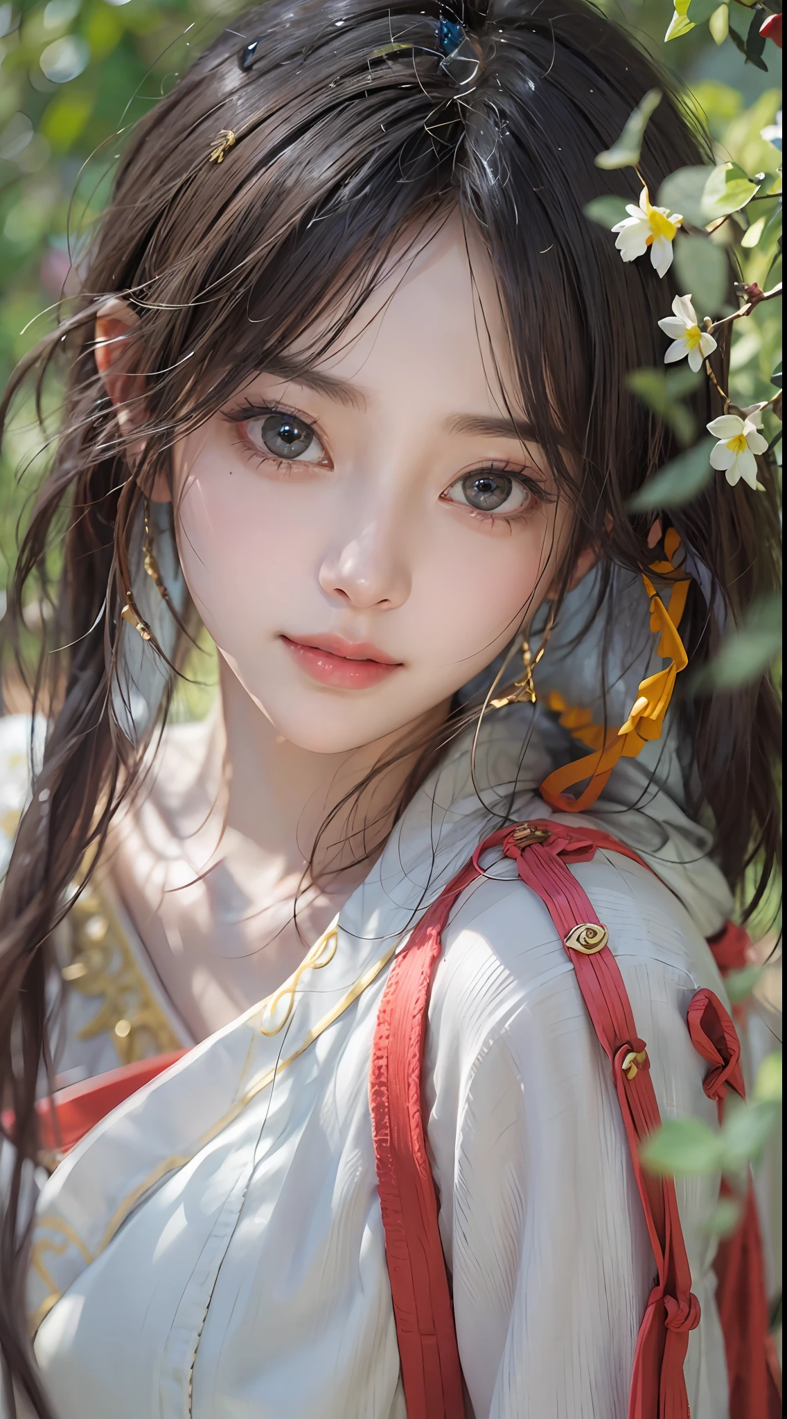 ​masterpiece、1 beautiful girl、A detailed eye、Puffy eyes、top-quality, 超A high resolution, (Realisticity: 1.4), OriginalPhotographs,cinematlic lighting、japanes、Asian Beauty、neat atmosphere、Super beauty、Beautiful skin、A slender、(A hyper-realistic)、(hight resolution)、(8K)、(ighly detailed)、(Best Illustration)、(beautifully detailed eyes)、(ultra-detailliert)、(wall-paper）、（A detailed face）、looking at viewert、fine detailed、A detailed face、pureerosfaceace_v1、very smiling、46-point diagonal bangs、Facing straight ahead、Neat and clean clothes、Black colored eyes、the body is facing forward、Vivid street trees、