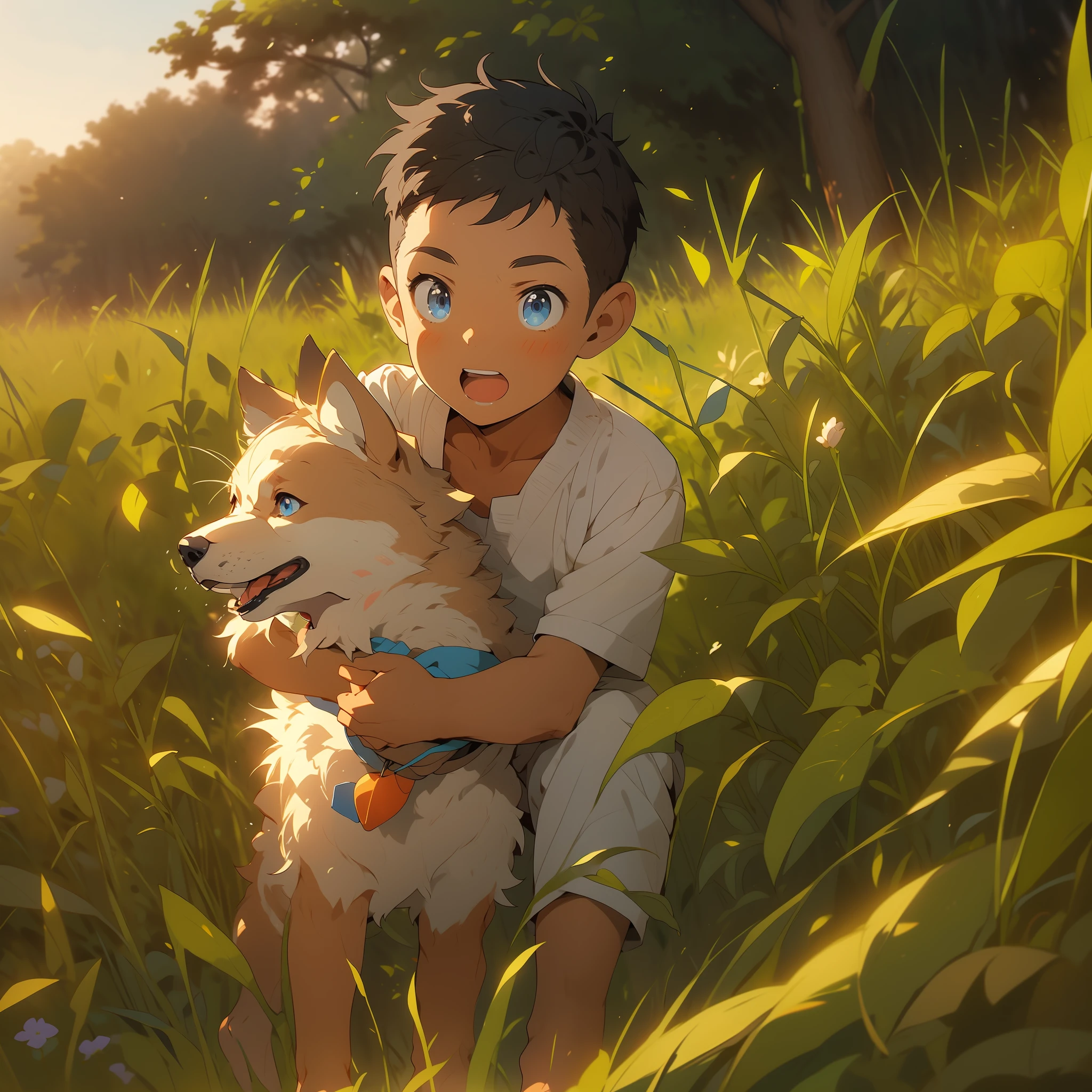 1boy，Rural fields，the setting sun，Crepuscular Rays，Shiba dog，blue color eyes，ricefield，volumettic light，Perspective composition，Wheat，Lively and cute boy，Pastel tones，cg art，8K,Cinematic lighting effects，Textured skin，best qualtiy，Storytelling images，Ambient lighting，dynamic blur，actionpose，tmasterpiece，A masterpice，