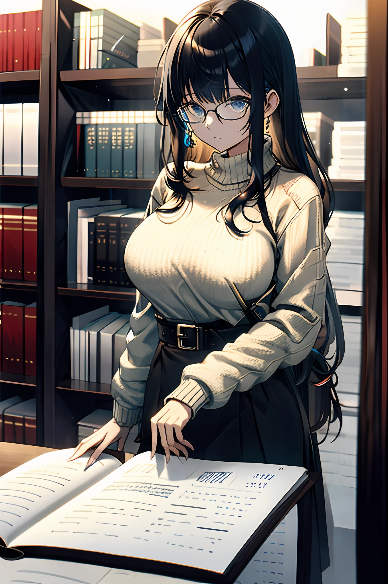 (masterpiece),(best quality), glasses, chakumomi, pov hand, breast grab, (embarrassed),sweater, in library,