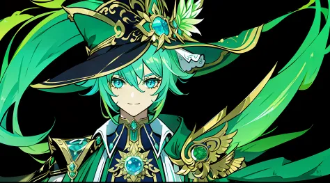 "um homem de cabelos pretos e mechas verdes, com uma espada de jade encantadora, wearing a typical magician's hat, sorrindo, ilu...