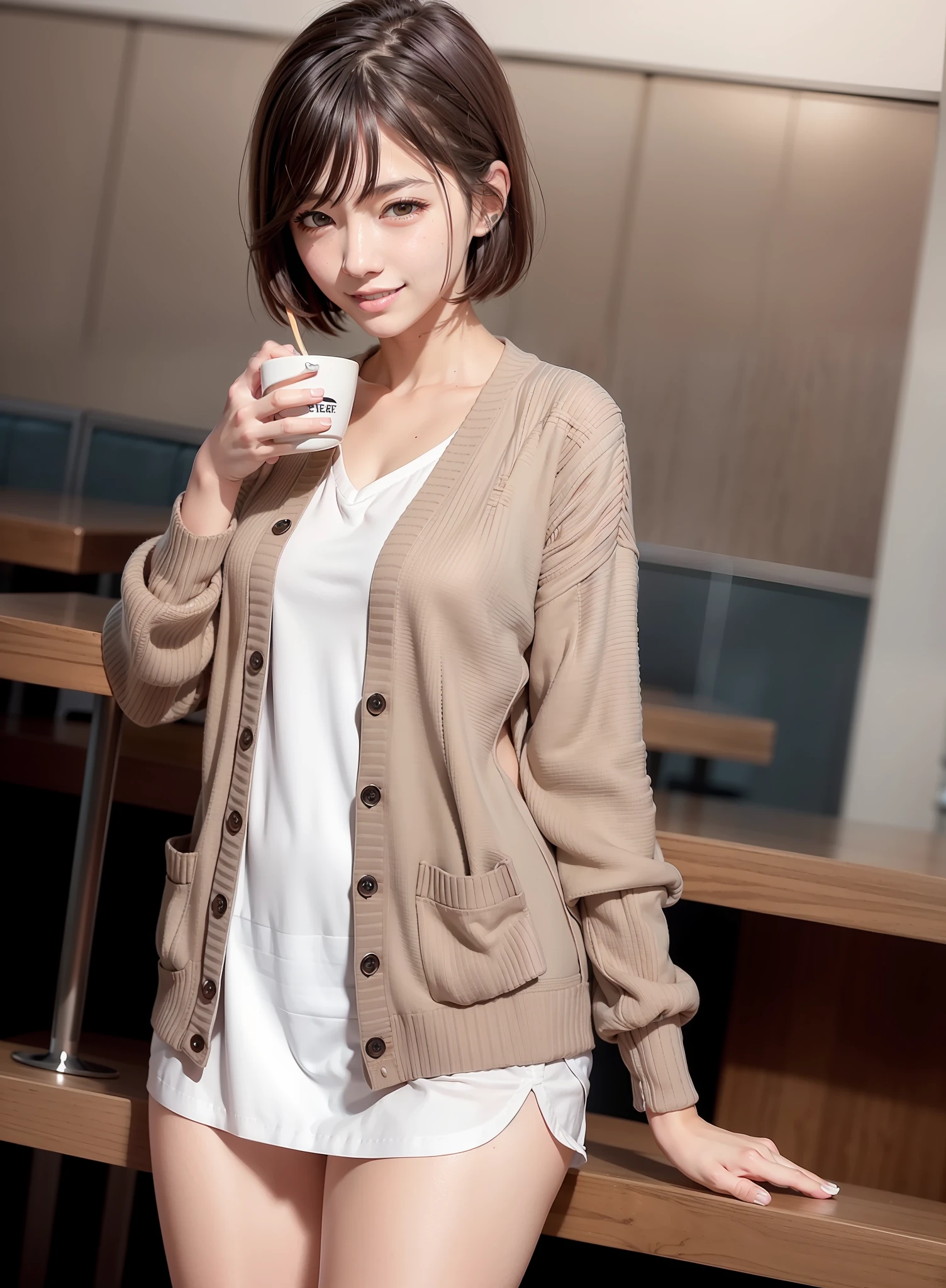 (realistic:1.4), best quality, ultra high res, 
4k, instagram,
higly detailed, 
1girl , 
(cardigan:1.2),long sleeve, plated skirts
short hair,  bangs,
smile,
at the cafeteria, drinking coffee,