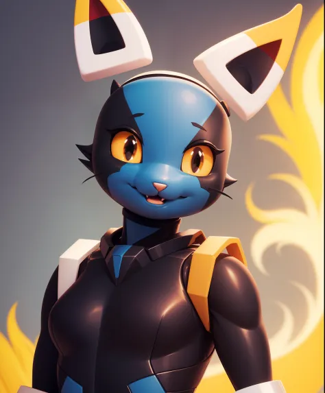 esix, cat girl, furry anthro, floating ears, flaming tail, portrait, blue body, solo, (best quality), sexy pose, smile, black-ye...
