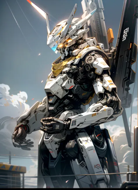 Skysky，​​clouds，holding_weapon，no_humans，with light glowing，white colors，brightly colored，droid，buliding，glowing_eyes，mecha，scientific fiction，城市，Realistis，mecha，8K